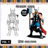 Thor superhero coloring pages from artcoloringpage.com featuring a line art version and a colored version, labeled with "100 pages."