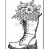 A detailed illustration of a boot filled with various flowers, including daisies, with a black-and-white outline for coloring.