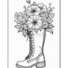 A large boot filled with a variety of flowers including daisies and leaves, illustrated in black and white.
