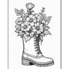 A detailed line drawing of a boot filled with a variety of flowers and plants, with intricate floral designs surrounding the boot.