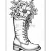 A large, lace-up boot filled with an arrangement of various flowers, including daisies, against a white background.