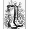 A pair of detailed rain boots surrounded by various flowers and plants, designed for coloring.