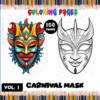 Coloring page featuring vibrant carnival masks, ideal for a cozy coloring book, available at artcoloringpage.com with cozy coloring pages.
