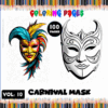 Coloring page featuring intricate carnival masks, with vibrant colors and patterns, from the cozy coloring book series at artcoloringpage.com.