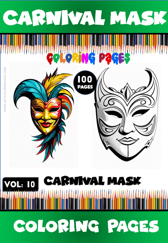 Coloring page featuring intricate carnival masks, with vibrant colors and patterns, from the cozy coloring book series at artcoloringpage.com.