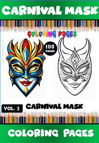 Colorful carnival mask designs from the cozy coloring book series, featuring pages to color at artcoloringpage.com.