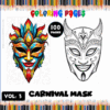 Coloring page featuring a vibrant carnival mask alongside a black and white mask for coloring, part of a cozy coloring book series.