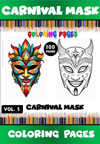 Coloring page featuring a vibrant carnival mask alongside a black and white mask for coloring, part of a cozy coloring book series.