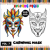 Coloring page featuring vibrant carnival masks, suitable for a cozy coloring book from artcoloringpage.com, ideal for relaxation.