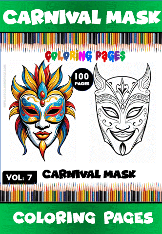 Coloring page featuring vibrant carnival masks, suitable for a cozy coloring book from artcoloringpage.com, ideal for relaxation.