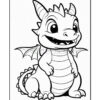 A friendly cartoon dragon with big eyes, a toothy grin, and small wings, standing cheerfully with a striped belly.