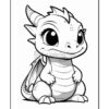 Cute cartoon dragon with large eyes, small wings, and a friendly smile, sitting down with its paws close together.