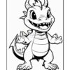 A cute cartoon dragon character with a big smile, sharp teeth, and large eyes, standing with its arms outstretched.