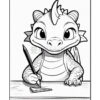 A cute dragon character, with big eyes and a friendly smile, sitting at a desk holding a pencil and drawing on paper.