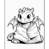 A cute dragon character wrapped in a blanket, with large wings and an expressive face, sits in a cozy pose.