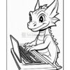 A cute dragon character typing on a laptop, smiling and focused, with a playful design.