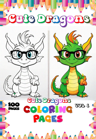 Cover of a coloring book titled 'Cute Dragons Vol. 1' featuring two cartoon dragons: a white dragon wearing glasses on the left and a colorful green dragon with spiky orange hair on the right. The background has colored pencil graphics and the title is stylized in bright colors with '100 PAGES' noted at the bottom.