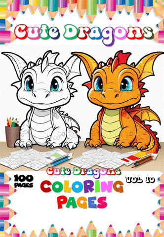 Cover of a coloring book titled 'Cute Dragons' featuring two cartoon dragons: one white and outlined for coloring, and the other orange with vibrant colors. The background has colored pencils and sheets of paper.