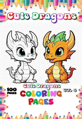 Cover of a coloring book titled 'Cute Dragons' featuring two cartoon dragons: one is white with blue eyes and the other is orange with green spikes, both with happy expressions. The design includes colorful text and a border of colored pencils, indicating it's volume 6 in the series.