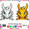 Cover of a coloring book featuring two cute dragon illustrations, one white and one yellow, with the title 'Cute Dragons Coloring Pages' and 'Vol 3' prominently displayed, surrounded by a border of colorful pencils. The text indicates there are 100 pages in total.