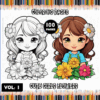 Cute girls with flowers in a cozy coloring book cover, featuring black-and-white and colored illustrations, promoting cozy coloring pages.
