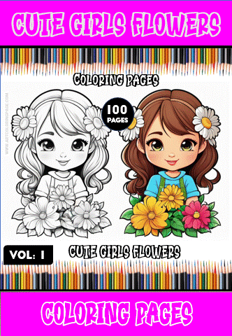 Cute girls with flowers in a cozy coloring book cover, featuring black-and-white and colored illustrations, promoting cozy coloring pages.
