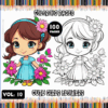 Cute girls with flowers illustration for a coloring book page, featuring bold outlines for easy coloring. Perfect for cozy coloring pages.