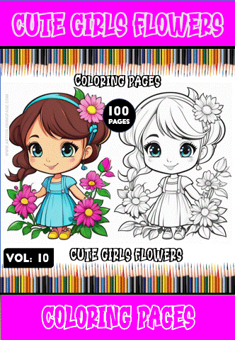 Cute girls with flowers illustration for a coloring book page, featuring bold outlines for easy coloring. Perfect for cozy coloring pages.