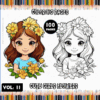 Cute girls with flowers coloring pages, featuring a colorful design promoting a cozy coloring book with 100 pages, from artcoloringpage.com.