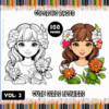 Cute girls surrounded by flowers in a cozy coloring pages design, featuring both colored and black-and-white versions. Visit artcoloringpage.com for more cozy coloring book options.