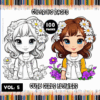 Cute illustration of girls surrounded by flowers, depicting coloring pages from a cozy coloring book, featuring a vibrant design.