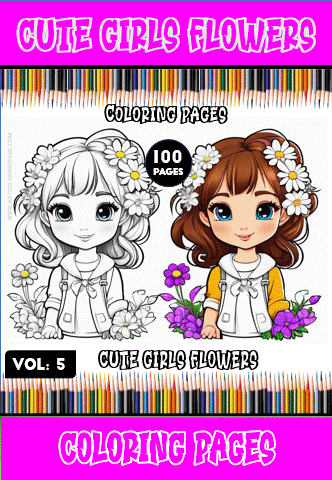 Cute illustration of girls surrounded by flowers, depicting coloring pages from a cozy coloring book, featuring a vibrant design.