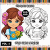 Cute girls holding flowers in a coloring page design, featuring a black and white illustration alongside a colored version, from a cozy coloring book.