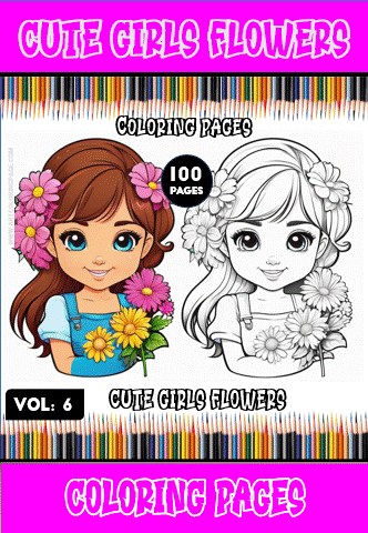 Cute girls holding flowers in a coloring page design, featuring a black and white illustration alongside a colored version, from a cozy coloring book.