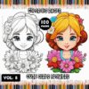 Cute illustration of young girls with flowers, featured on a cozy coloring book page for artcoloringpage.com, with 100 cozy coloring pages available.