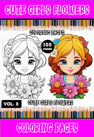 Cute illustration of young girls with flowers, featured on a cozy coloring book page for artcoloringpage.com, with 100 cozy coloring pages available.