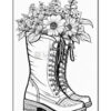 A pair of tall, white rubber boots filled with an assortment of flowers, including daisies and other greenery.