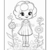 A cute cartoon girl with curly hair, wearing a dress and shoes, stands among oversized flowers in a garden setting.