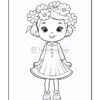 A cute cartoon girl with a dress and a flower crown, standing with a smile in a coloring page style.