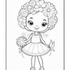 A cartoon girl with curly hair adorned with flowers, wearing a dress, and holding flowers in each hand.