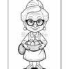 An elderly woman with glasses and a bun hairstyle holds a basket of colorful eggs, wearing a dress and apron.
