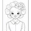A young girl with big eyes and a flower in her hair, wearing a collared shirt, in a black and white coloring page style.
