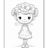 A cartoon girl with a flower crown, wearing a polka-dot dress and shoes, smiles cheerfully.
