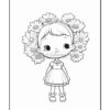 A cute girl with a flower crown, wearing a dress and shoes, smiles happily in a coloring page design.