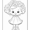 A cute girl with a flower crown and a dress, designed for coloring, features large round eyes and a joyful expression.