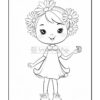 A cartoon girl with a cheerful expression, wearing a dress and holding a flower, adorned with a headband of daisies.
