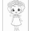A cartoon girl with curly hair wearing a dress and a flower crown, smiling in a coloring page style.