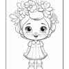 A cheerful cartoon girl with curly hair adorned with flowers, wearing a dress and shoes, stands smiling with her hands at her sides.
