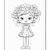 A cute cartoon girl with a flower crown wearing a polka dot dress and shoes, smiling cheerfully.