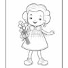 A young girl with a bow in her hair, holding a bouquet of flowers and smiling cheerfully.